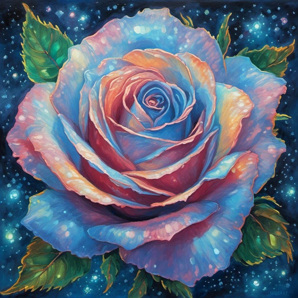 Bioluminescent Blue Rose Acrylic Gouache Painting