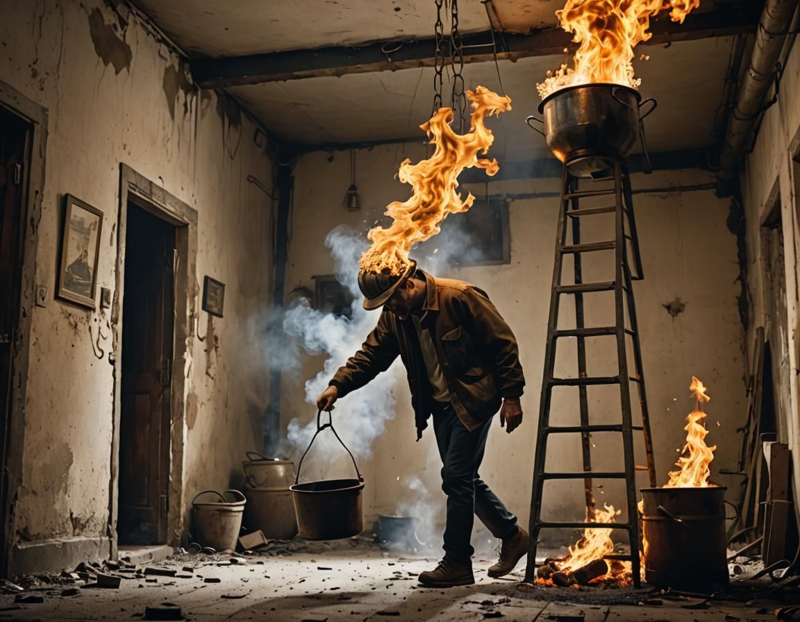 Man's Bad Luck: Flaming Oil and a Ladder