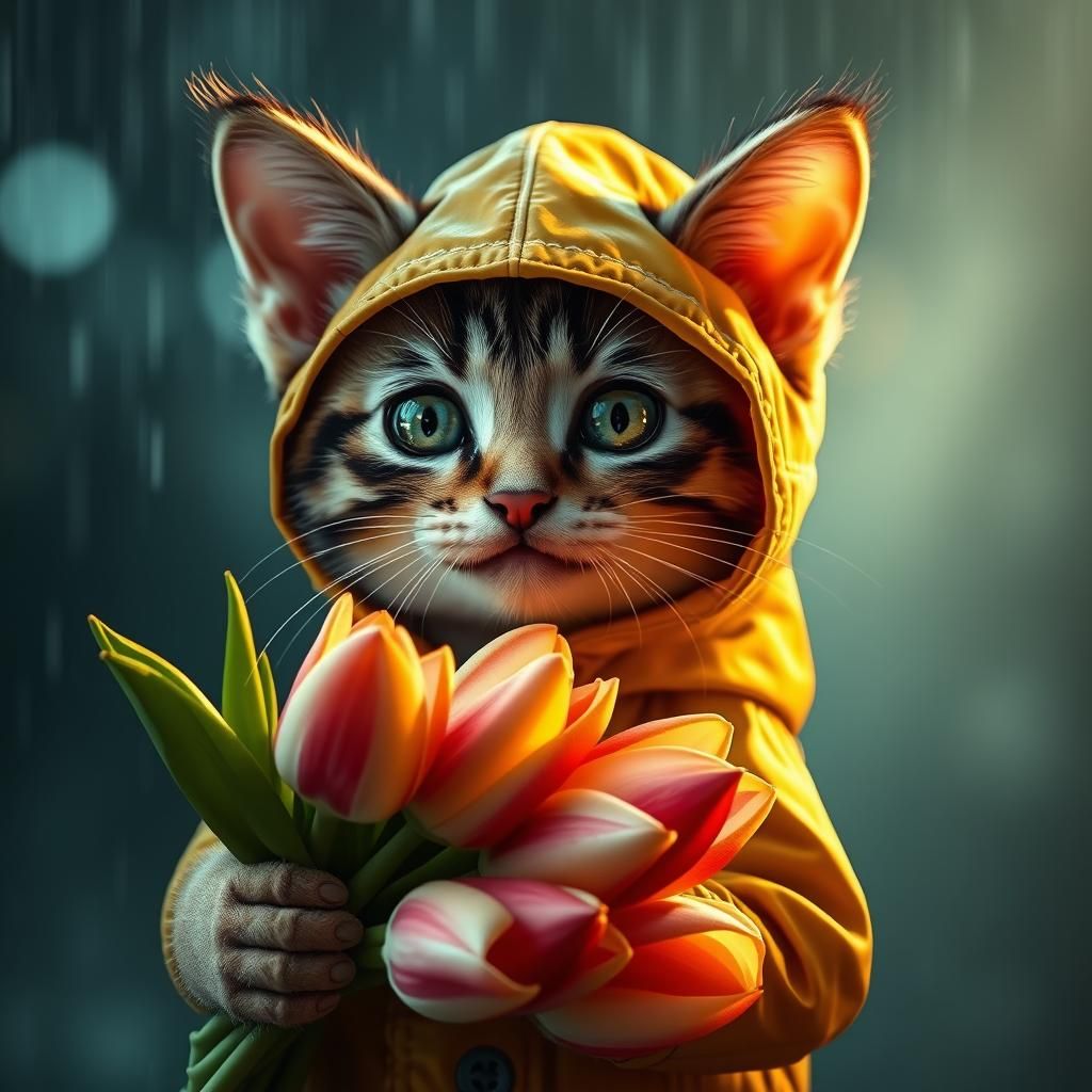 Kitten in Raincoat Presents Tulips: Hyper-Realistic AI Art
