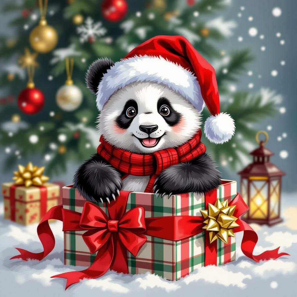 Festive Panda in Gift Box, Painterly Style