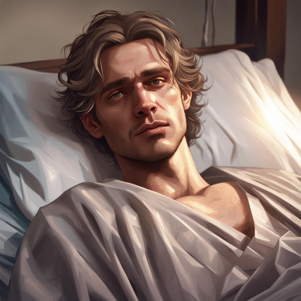 Sick Young Man on Deathbed: Hyperdetailed Portrait