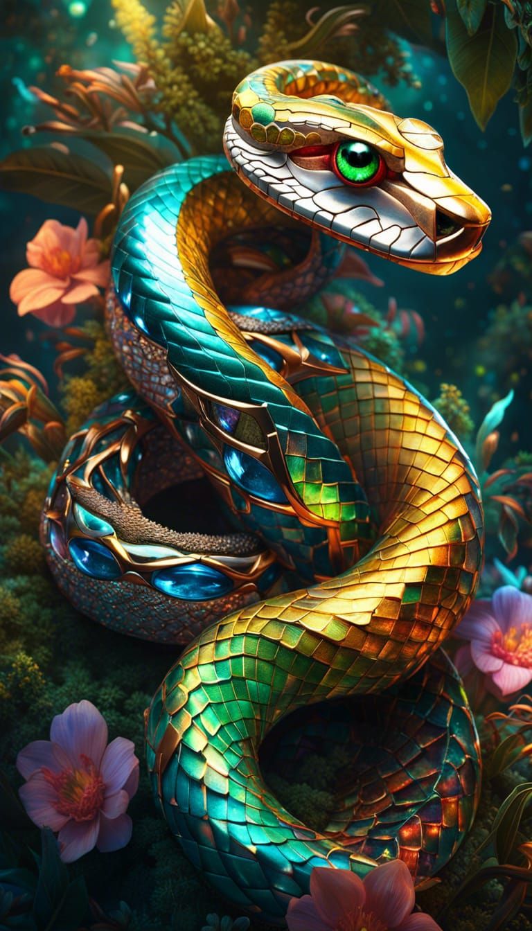 Illuminated Snake Coiled Around Crystal: Fantasy Art