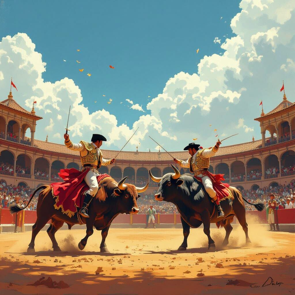 Bulls Fight in Madrid Ring, Dramatic Lighting