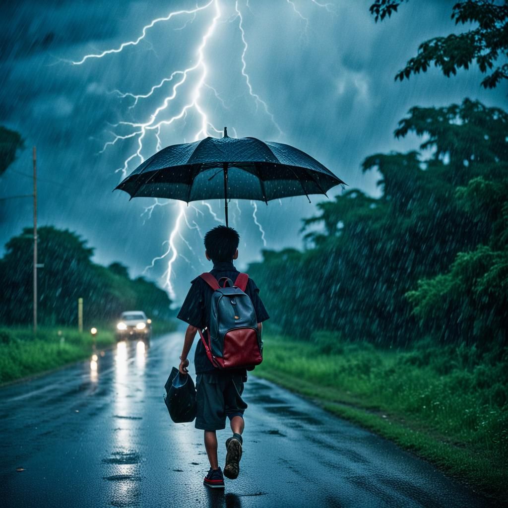 Boy Walks Home in Rainy Weather
