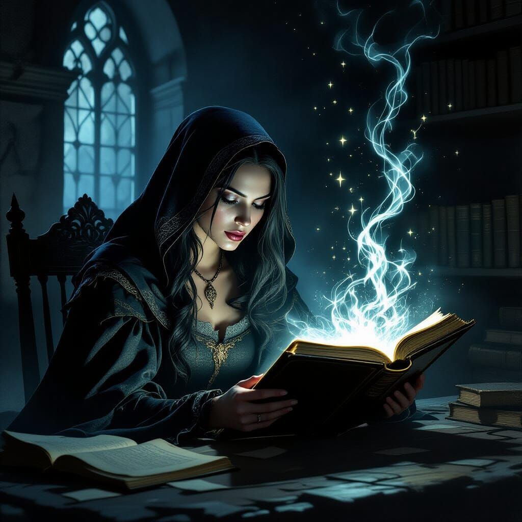 Sorceress Studying Forbidden Tome in Gothic Chamber
