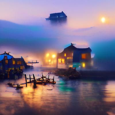 Foggy Fishing Village at Dusk in 8K