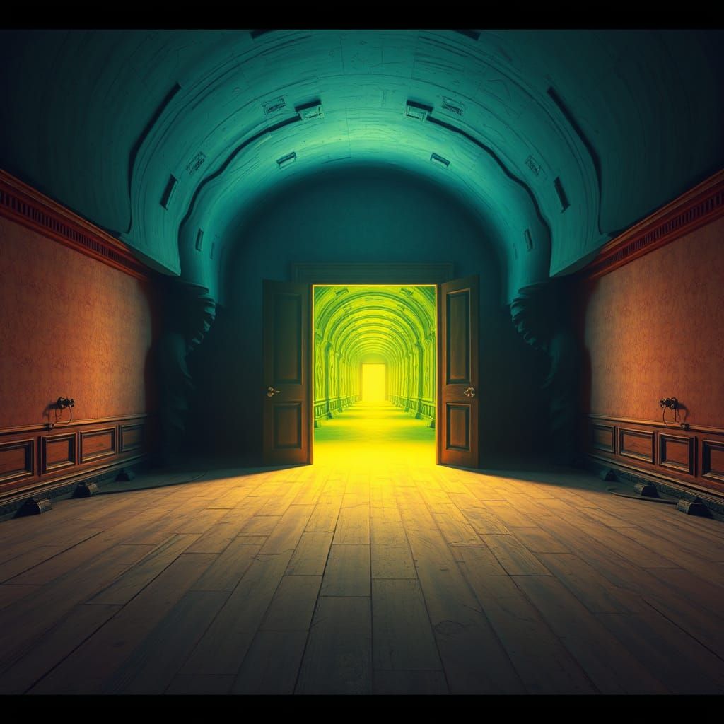 Eerie Liminal Space: Twisted Corridor in Abandoned House