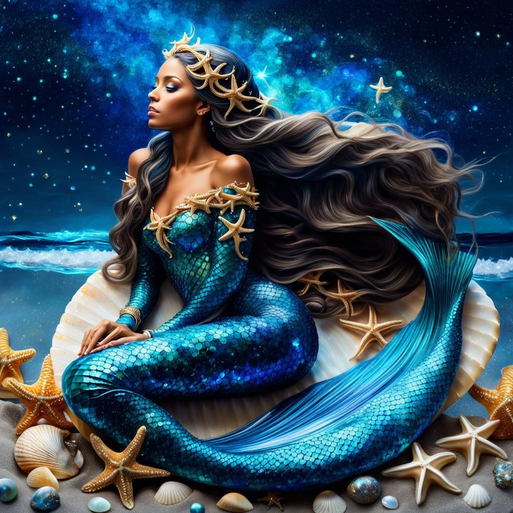 Indigo Space Mermaid Goddess in Alcohol Ink Style