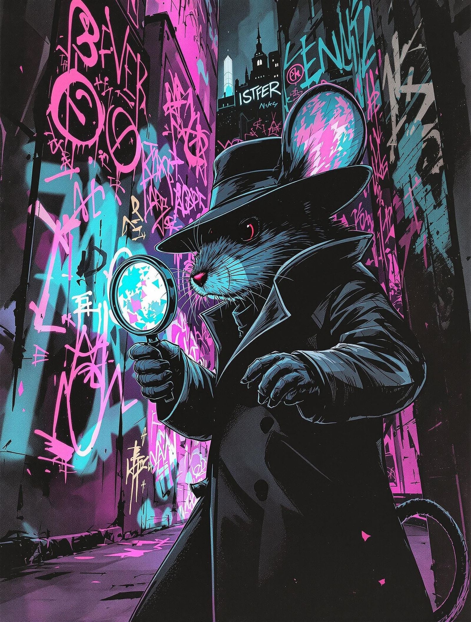 Noir Mouse Detective in Neon-Lit Cityscape