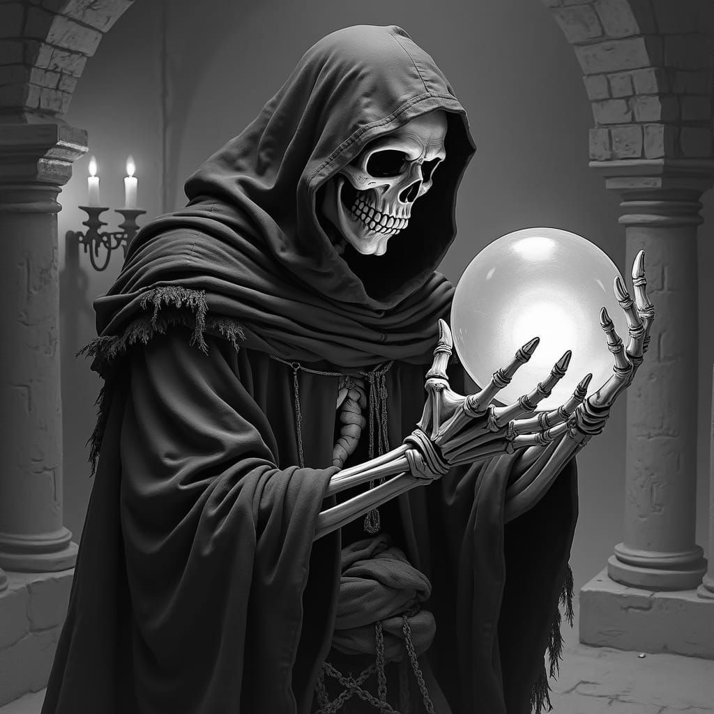 Hooded Skeletal Archmage Gazing into Crystal Sphere