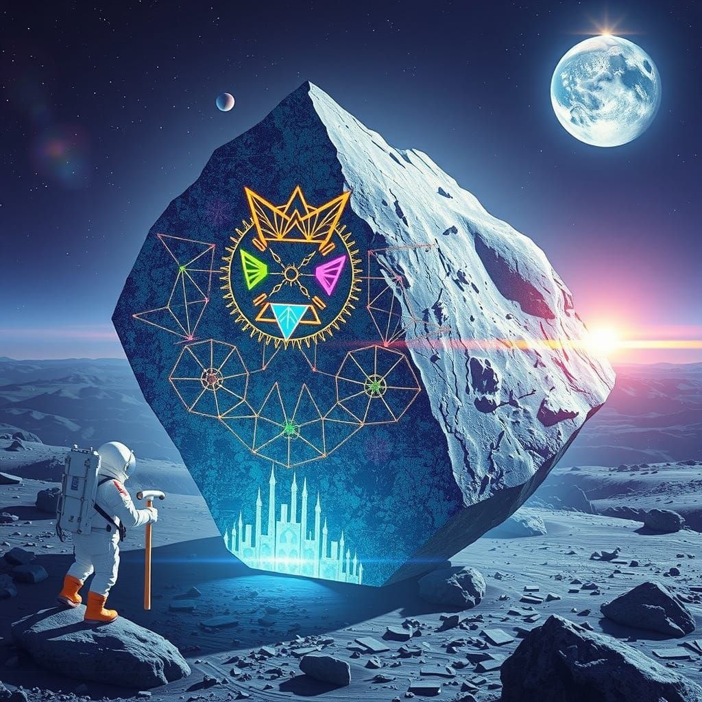 Astronaut Admiring Synthwave Moon Rock Hologram