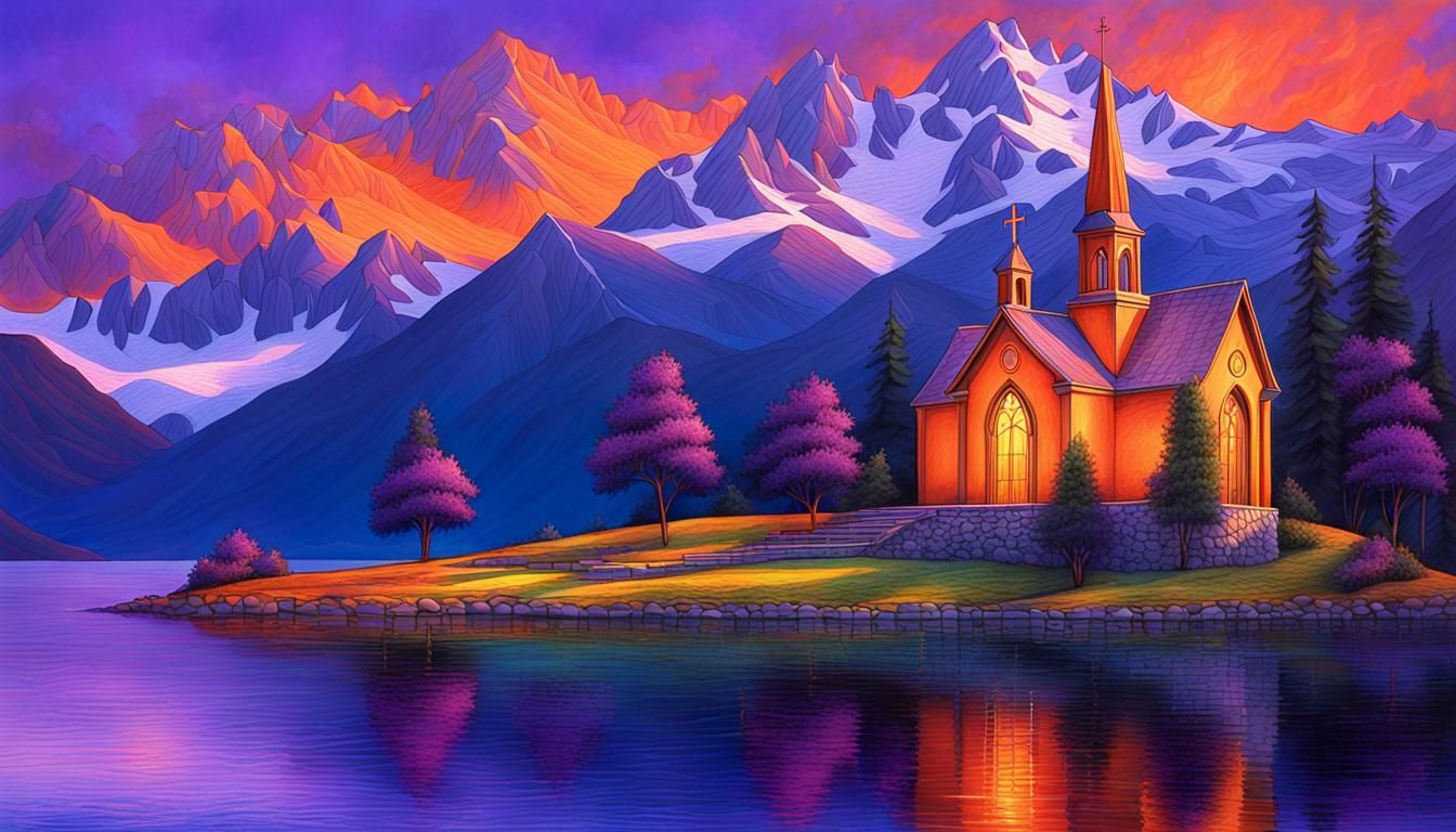 Island Chapel Color Pencil Digital Matte Painting