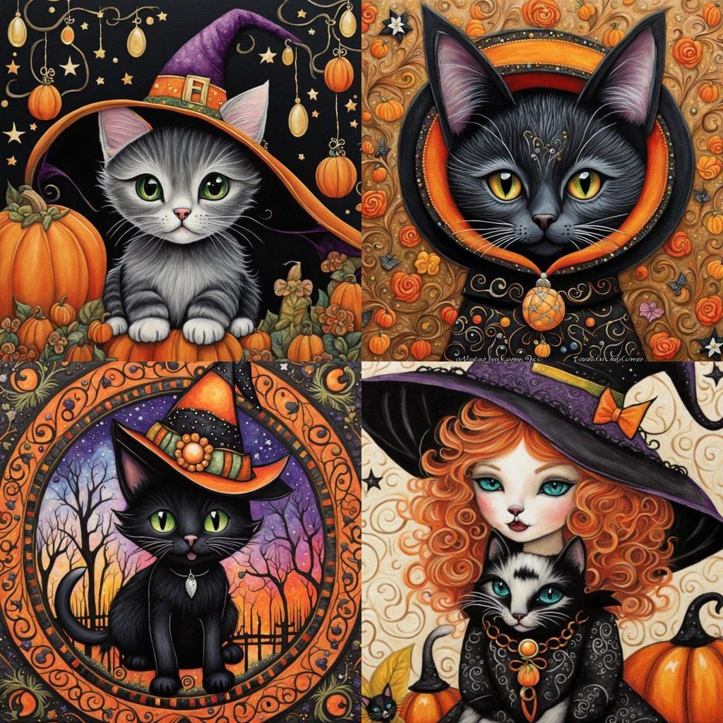 Adorable Kitten Witch for Halloween in Mixed Media Style