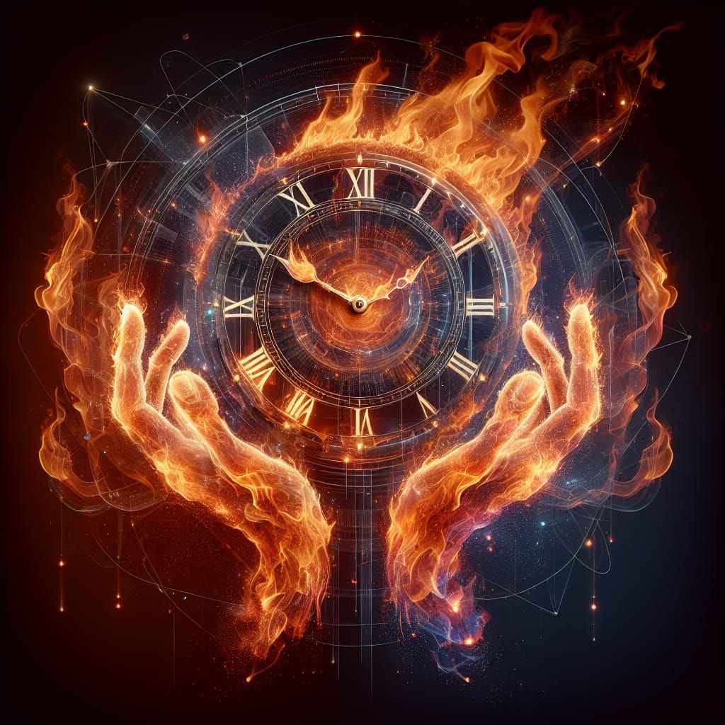 Fiery Hands Cradling Burning Clock with Holographic Map
