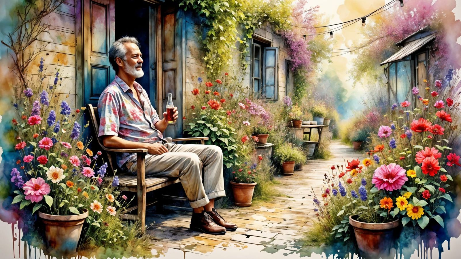 Happy Man Surrounded by Vibrant Flowers in a Serene Garden S...
