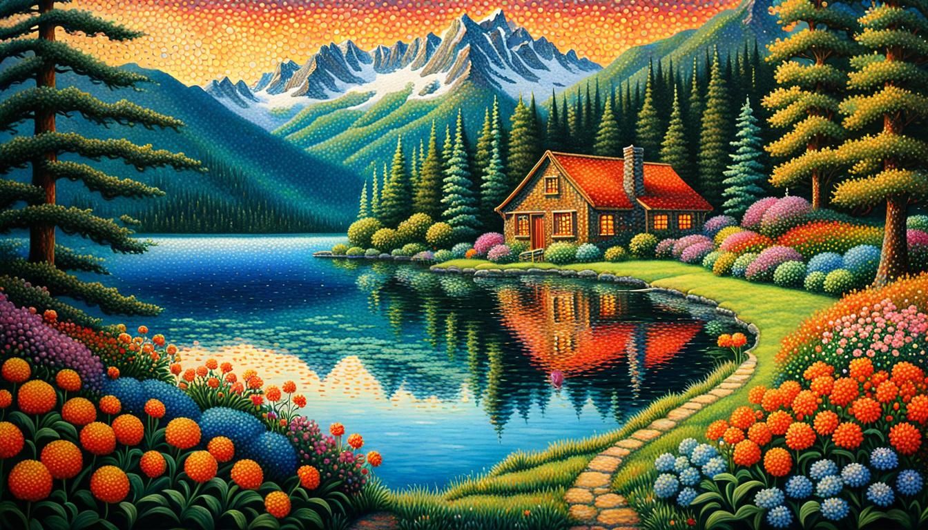 French Mountain Lake in Pointillism Style