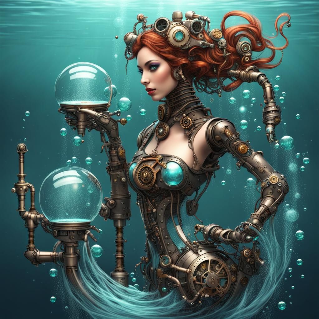 Steampunk Robotic Mermaid Swirling in Bubbles