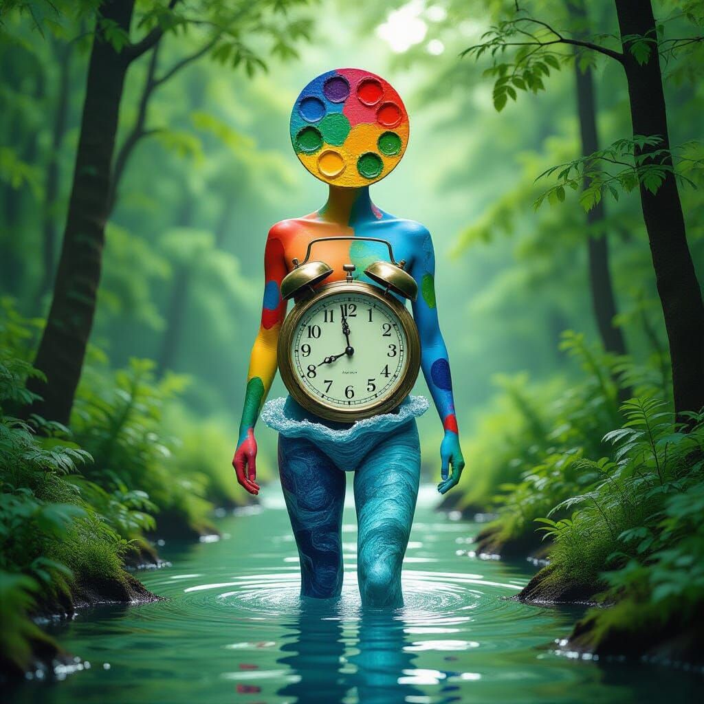 Surreal Figure with Palette Head in Enchanted Forest