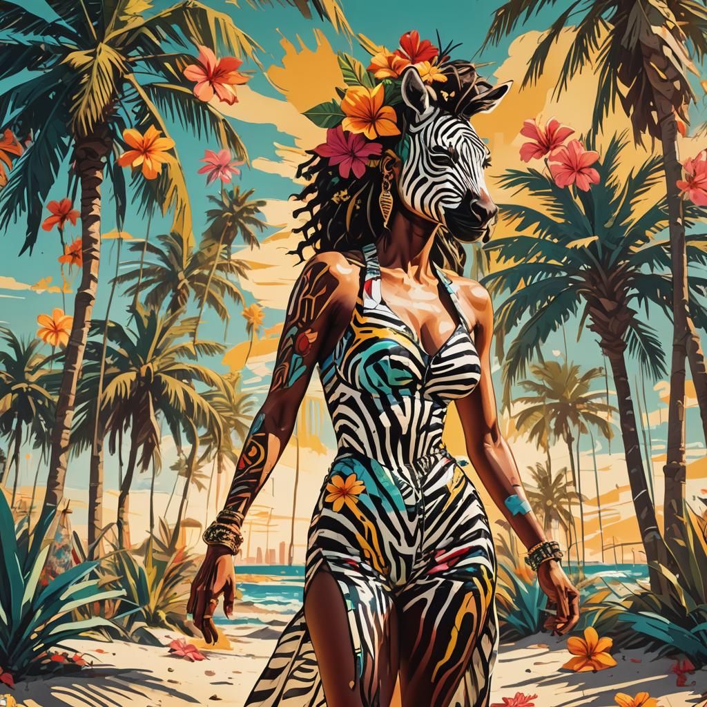 Zebra Woman Posing on Tropical Beach as Graffiti Art
