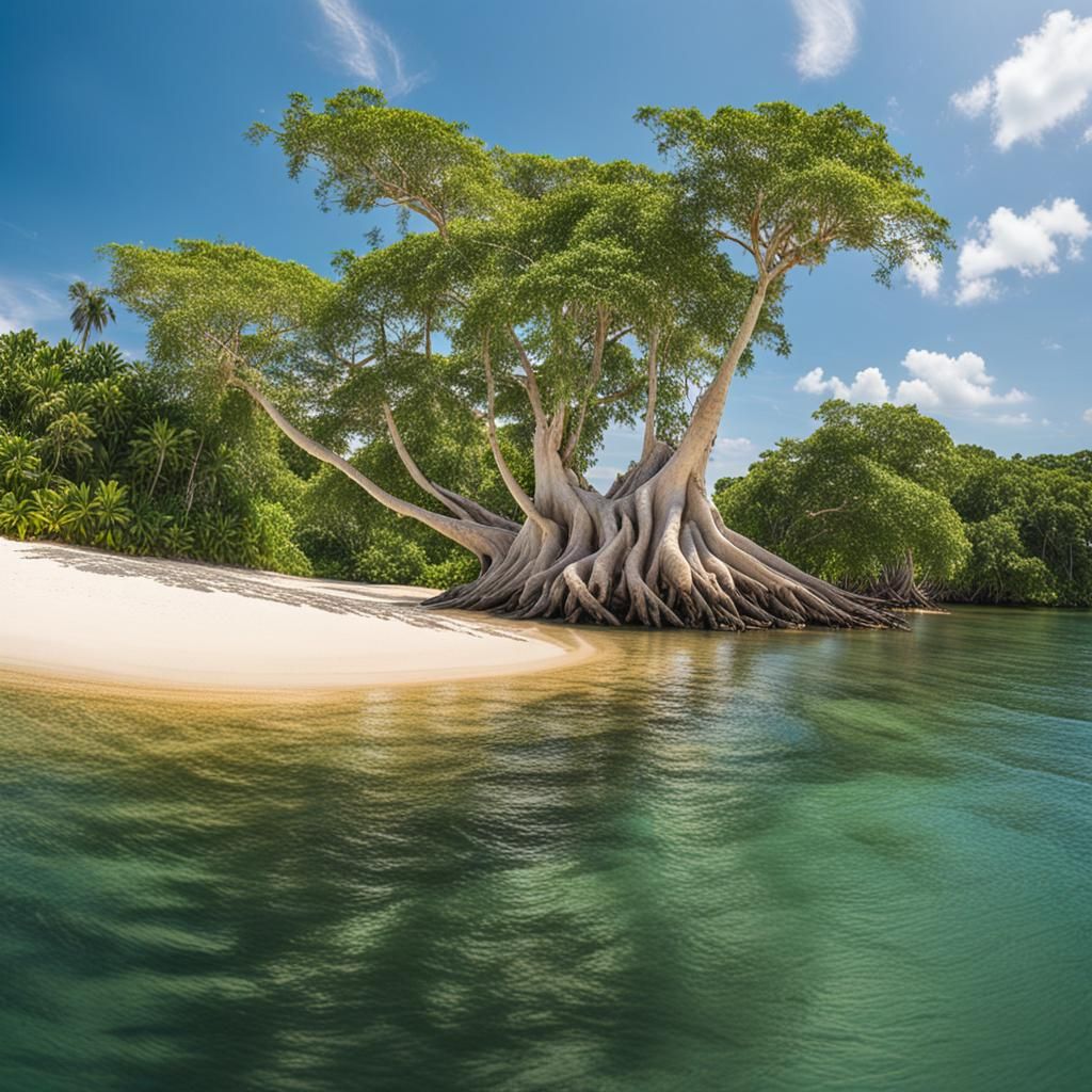 A tropical island  sandy beach  paöm trees