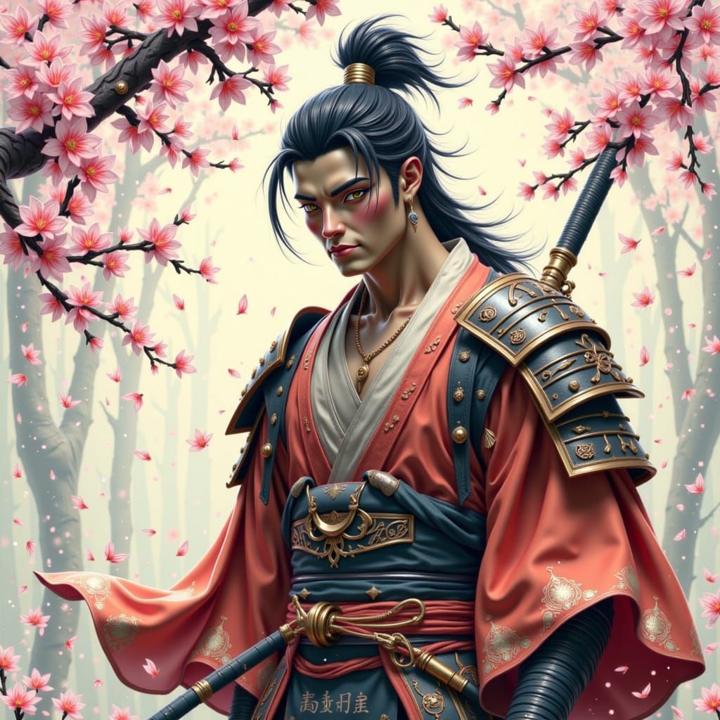 Samurai Warrior in Cherry Blossoms, Ukiyo-e Style