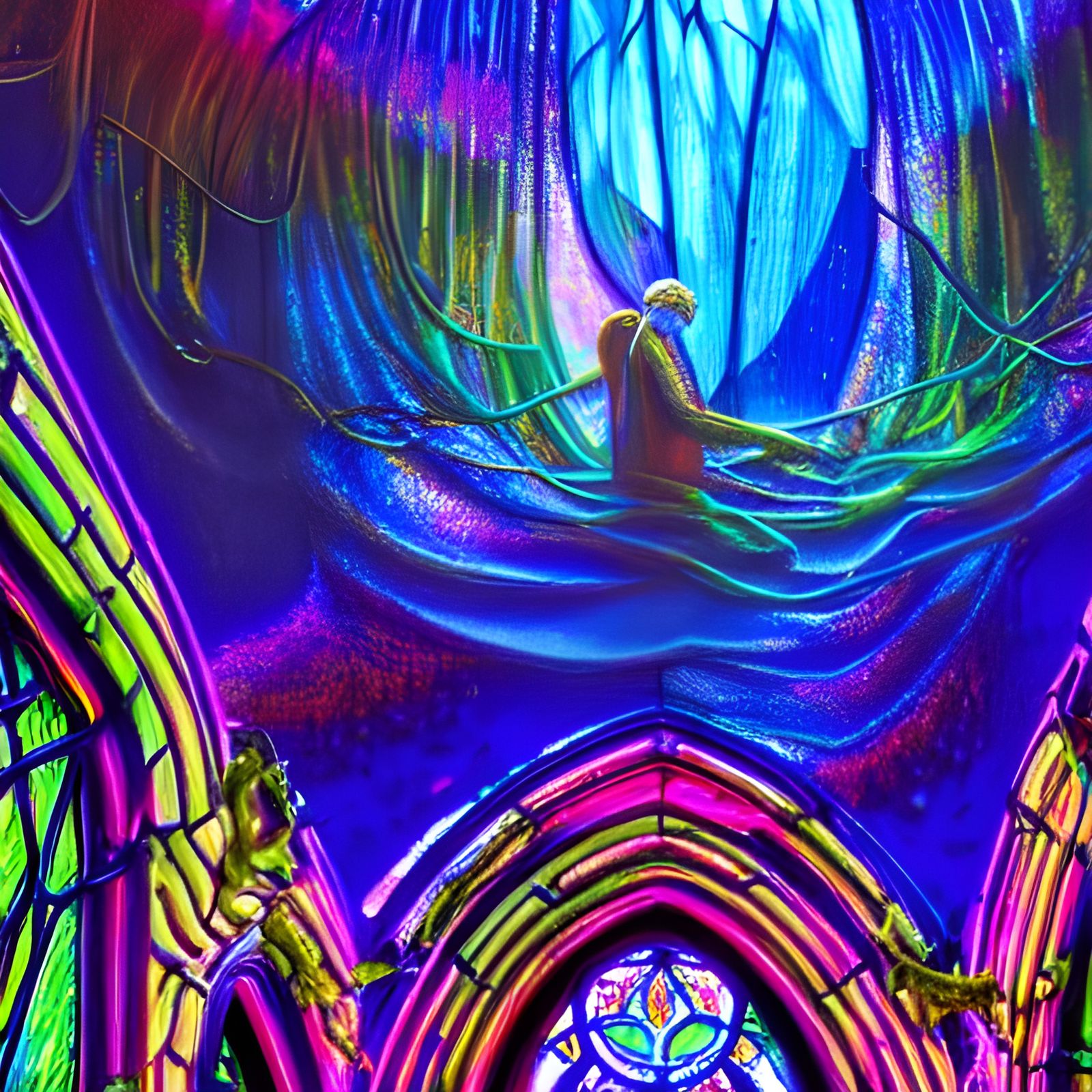 Holographic Vines Crawling Over Stained-Glass Chapel