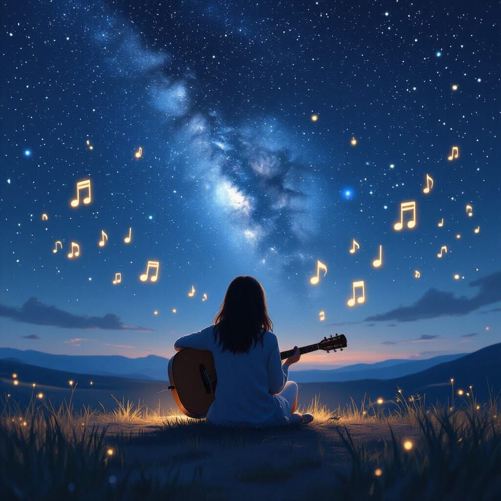 Girl with Guitar Under Milky Way in Digital Matte Painting