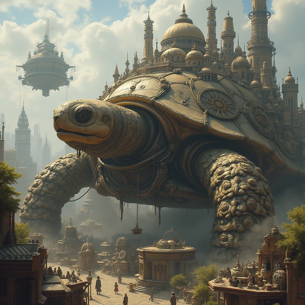 Steampunk City on Giant Turtle Back with Airships