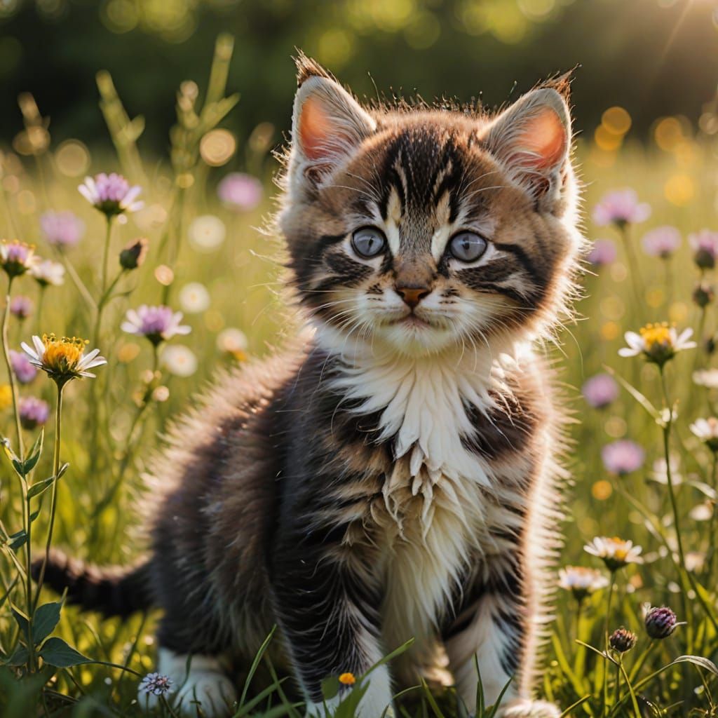 Adorable Kittens in a Vibrant Meadow Scene