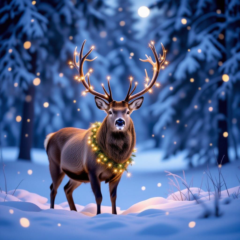 Majestic Stag with Christmas Lights in Moonlit Forest