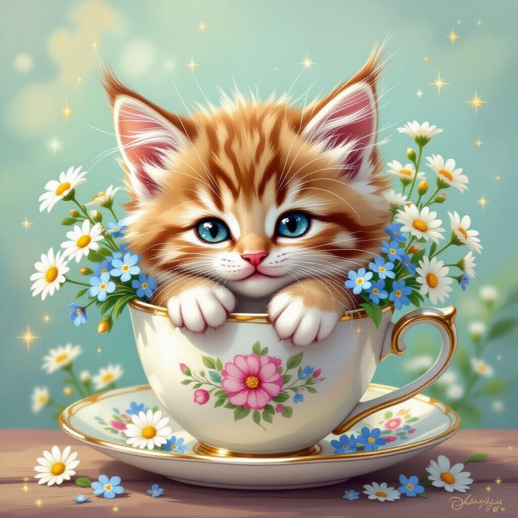 Kitten Napping in Teacup Overflowing with Flowers