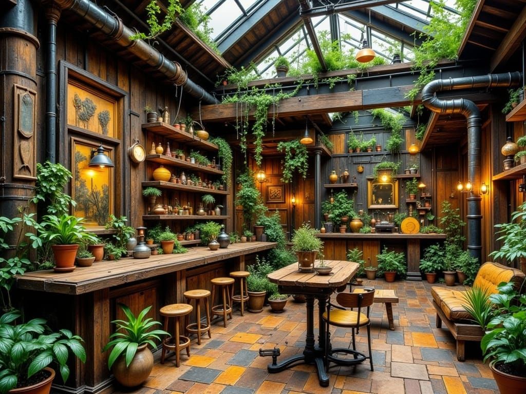 Industrial Living Room with Greenery, Hyperreal Style