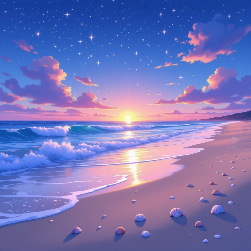 Dreamy Beach at Dusk with Pastel Stars