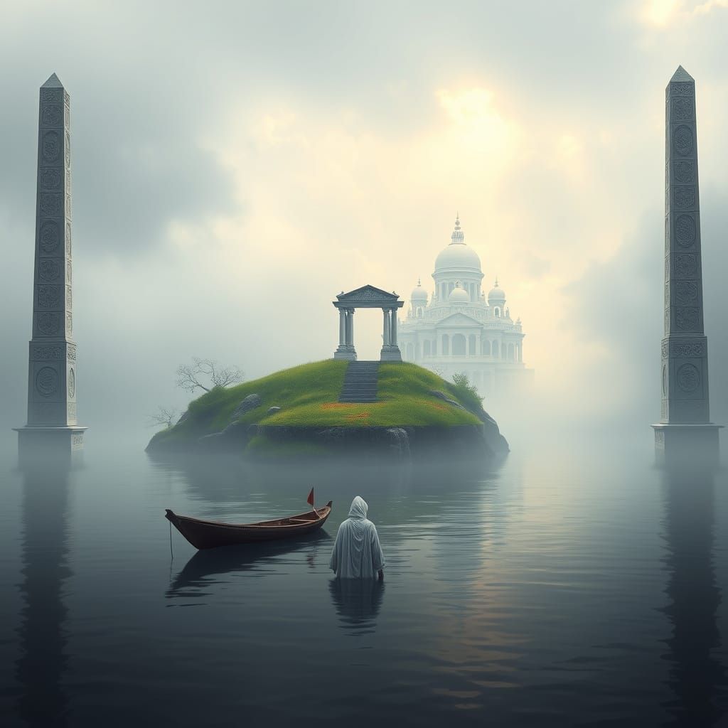 Majestic Fog-Shrouded River Panorama with Ancient Marble Obe...