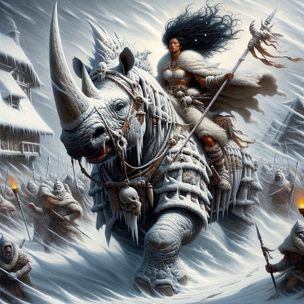 Surreal Oil Painting of Warrior Woman Riding Armored Rhinoce...