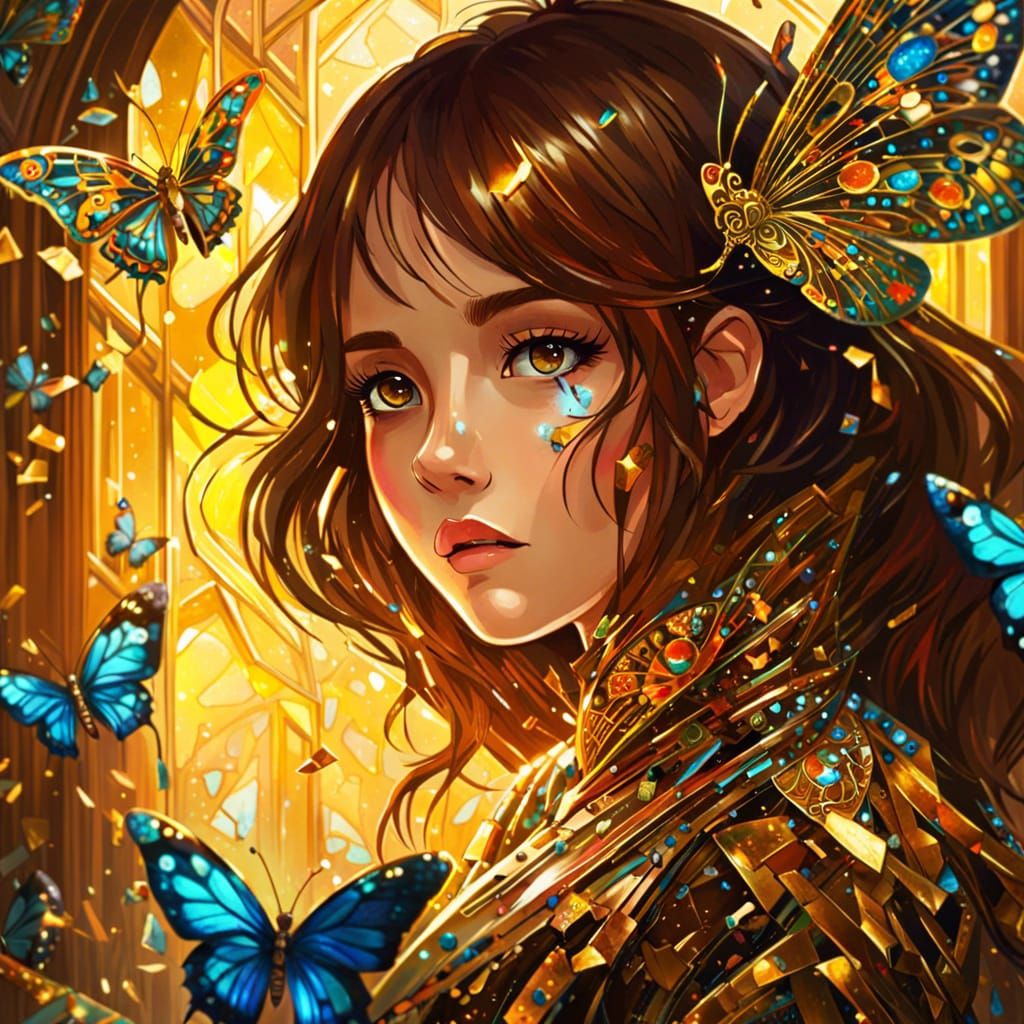 Cyborg with Gold Butterfly Filigree in Anime Style