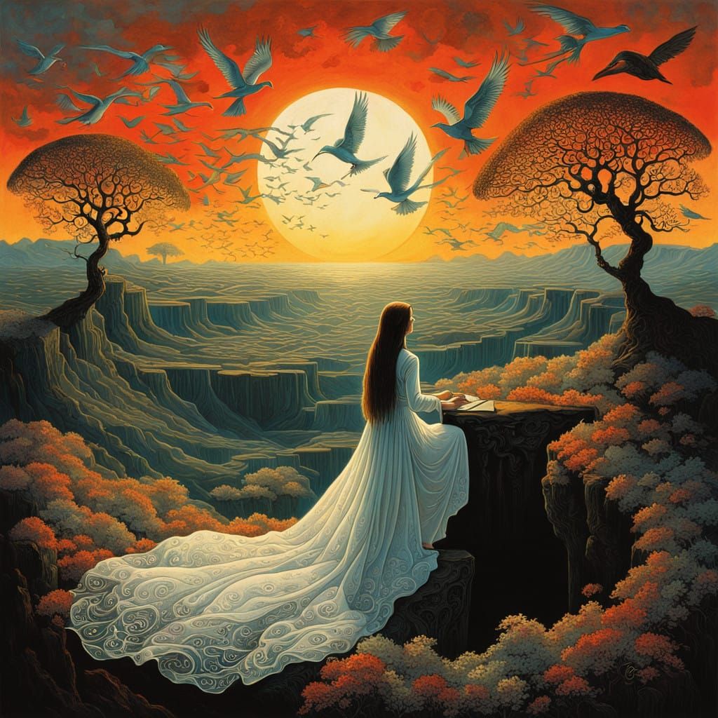 Surrealist Goddess Embracing Transformation in a Vibrant Sun...