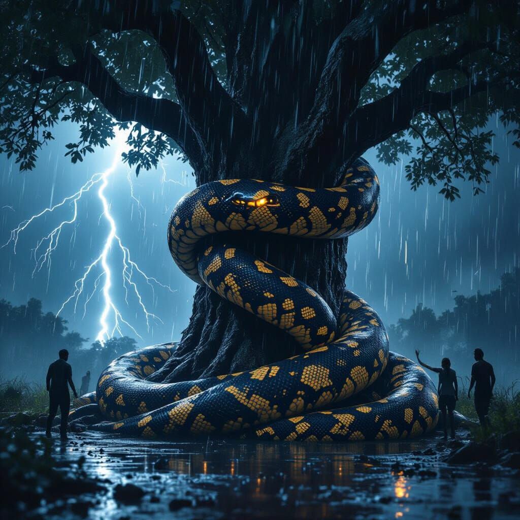 Colossal Python Coiled Around Tree in Lightning Storm