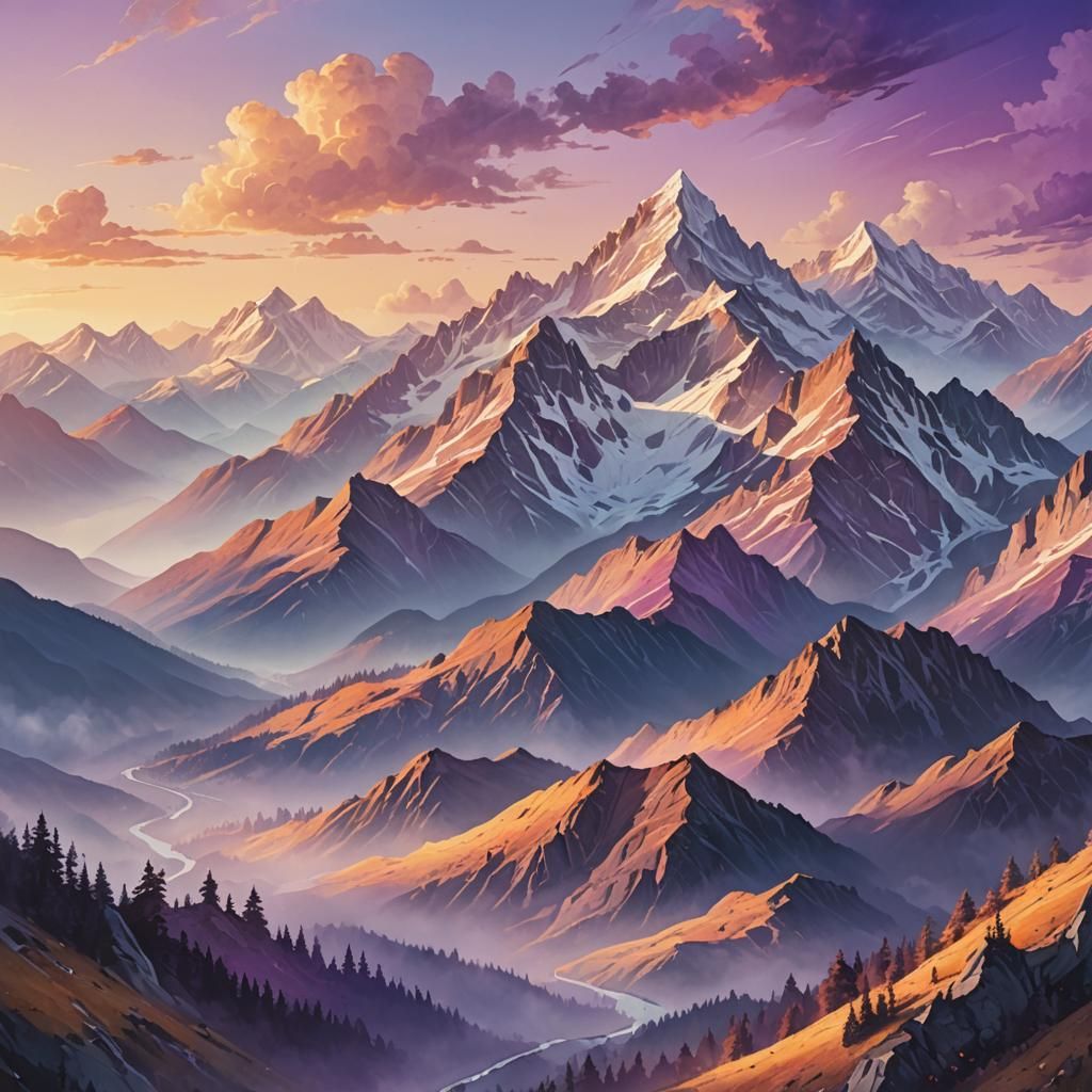 Majestic Mountain Range Gouache Painting at Sunrise