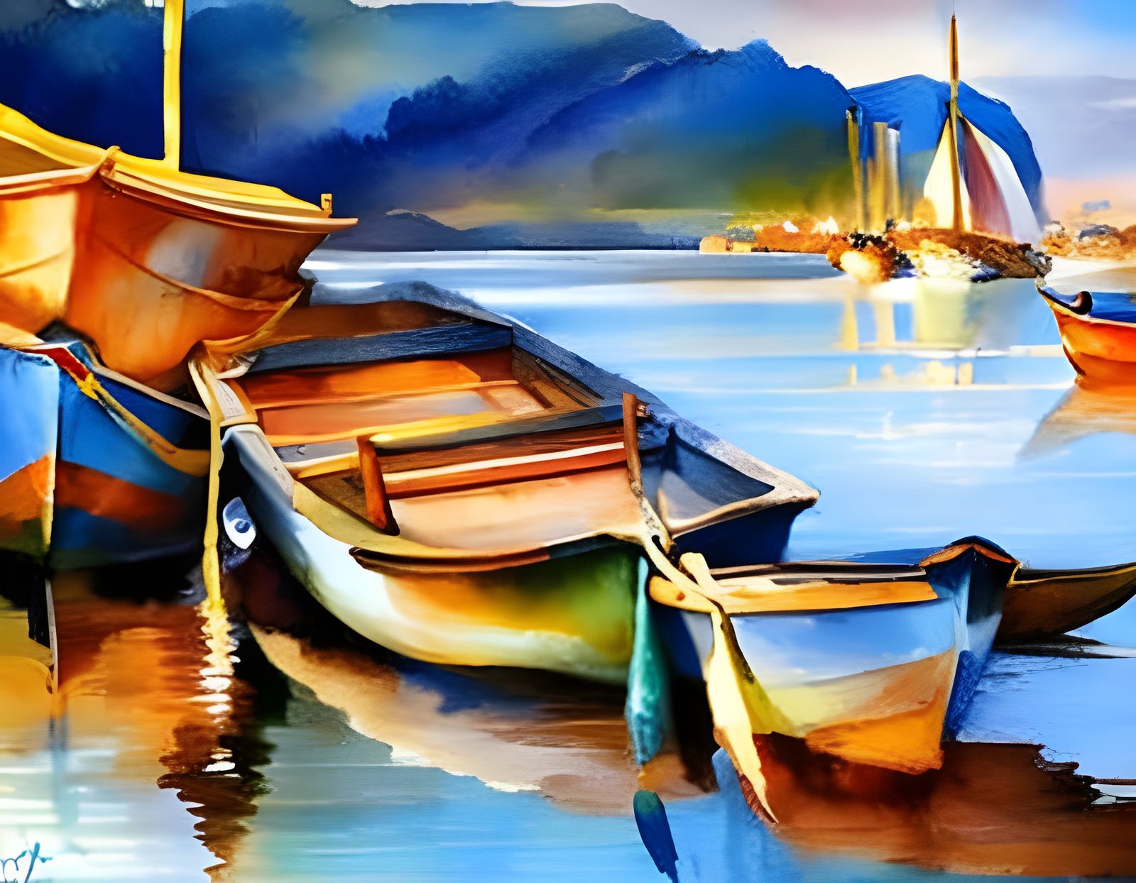 Picturesque Fisherman's Harbor in Watercolor Style