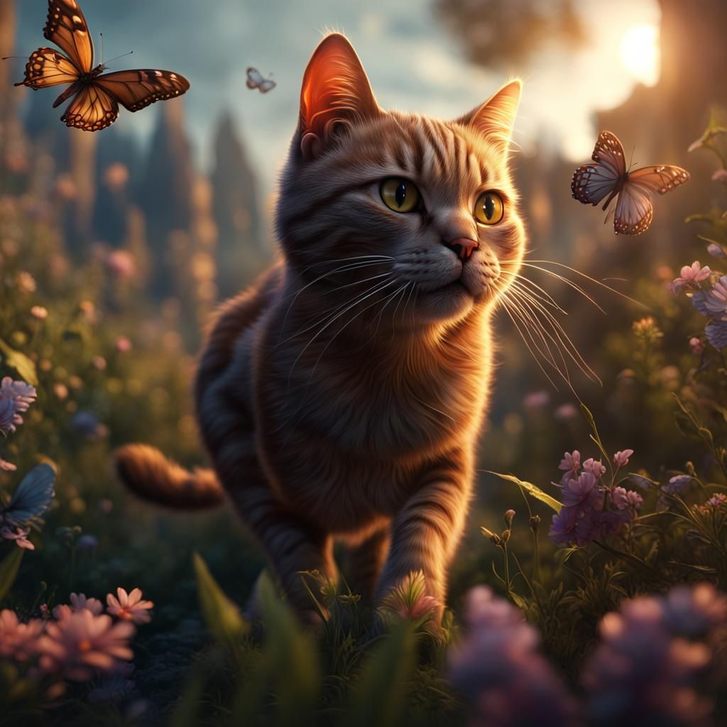 Cat Chasing Butterflies in Evening Light