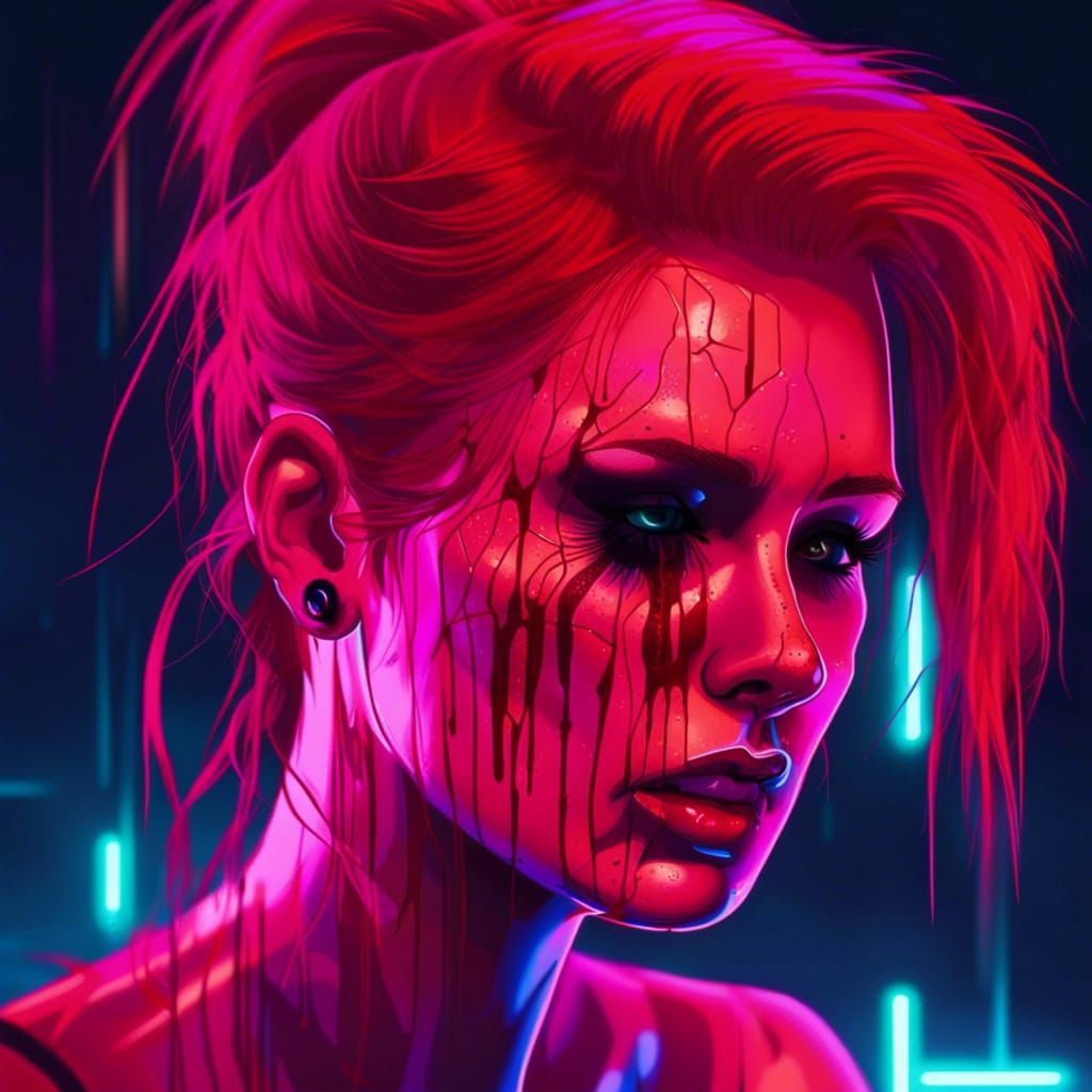 Synthwave Portrait: Red Hair, Scars, Neon Retro