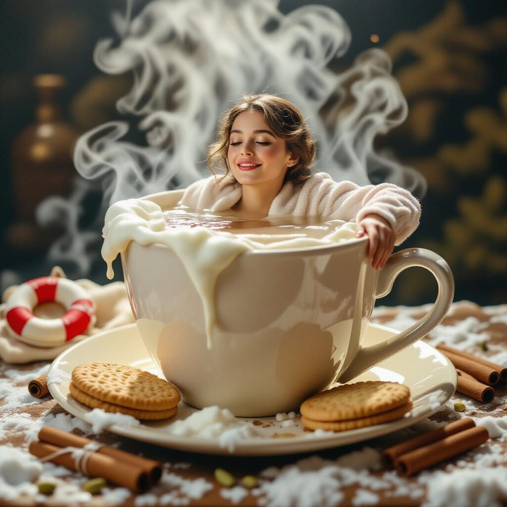 Woman Swims in Chai Tea: Photorealistic Still Life