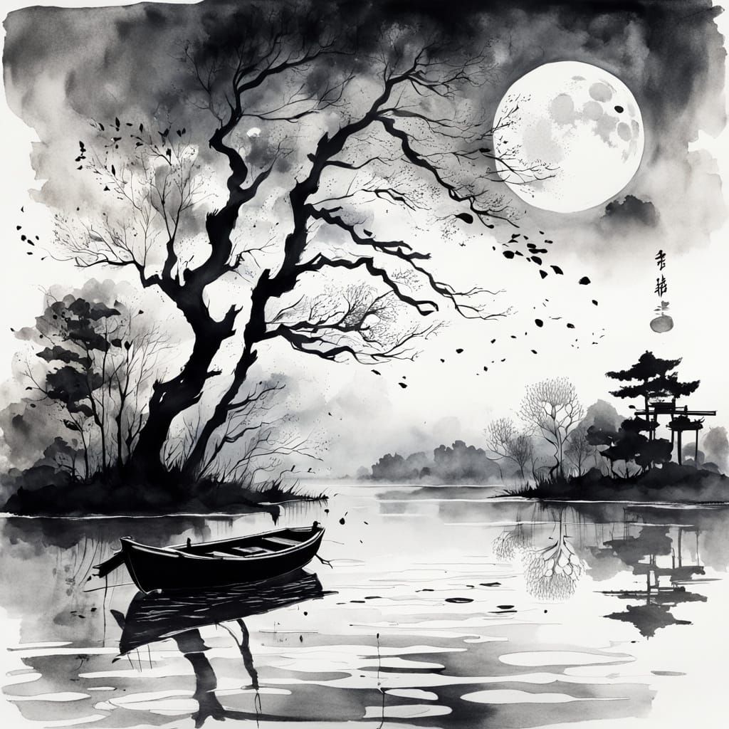 Serene Lake Scene in Elegant Monochromatic Ink Drawing
