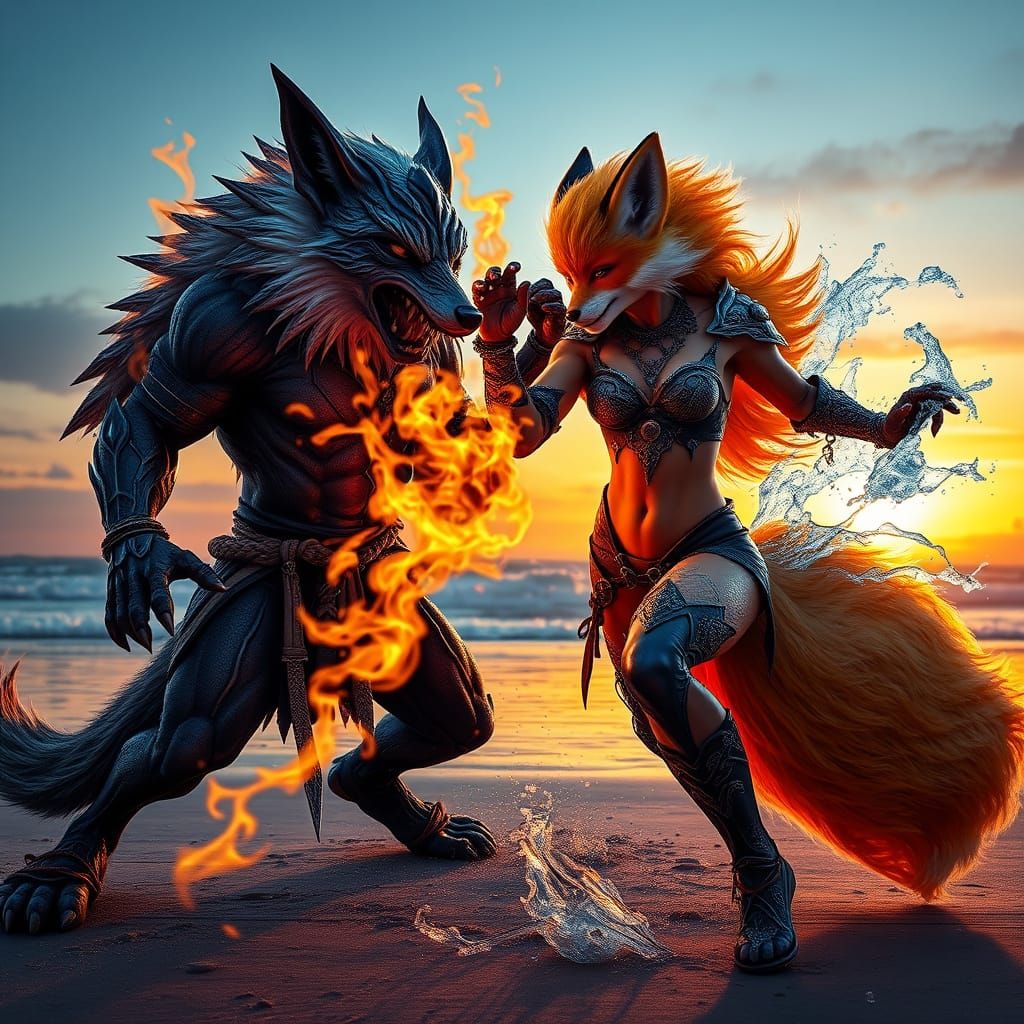 Fierce Elemental Fox Battles Demonic Wolf in Surre... - AI Art, image size:1024x1024