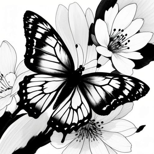 Butterflies on Cherry Blossoms in Sumi-e Style