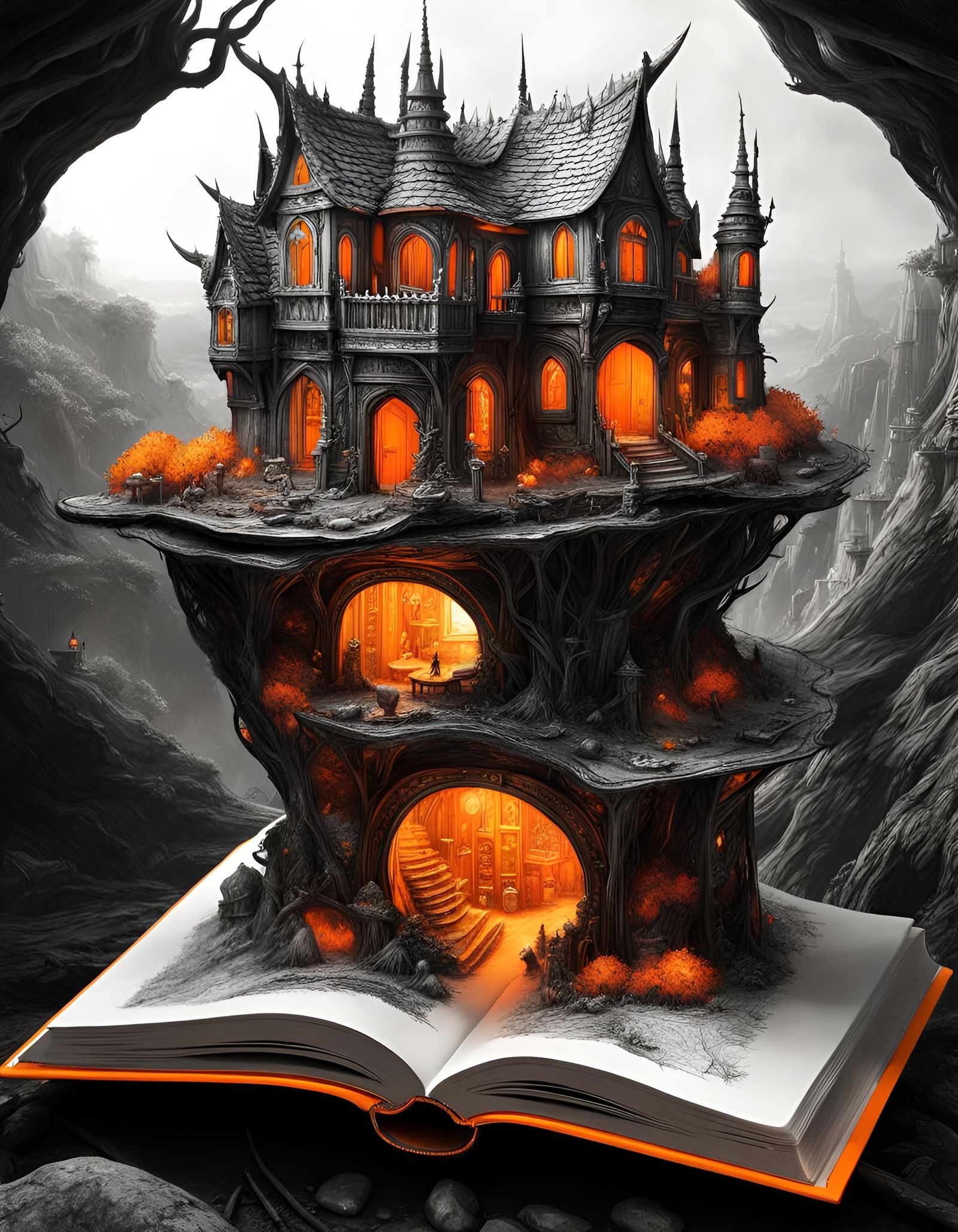 Faerie Village in Magic Book, Selective Color Charcoal