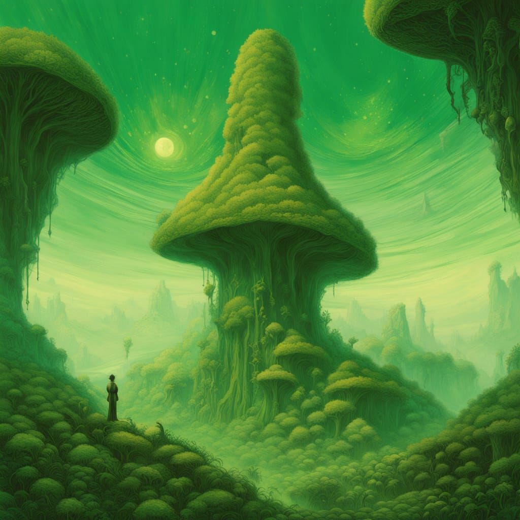 Mysterious Figure in Iridescent Mushroom Biome