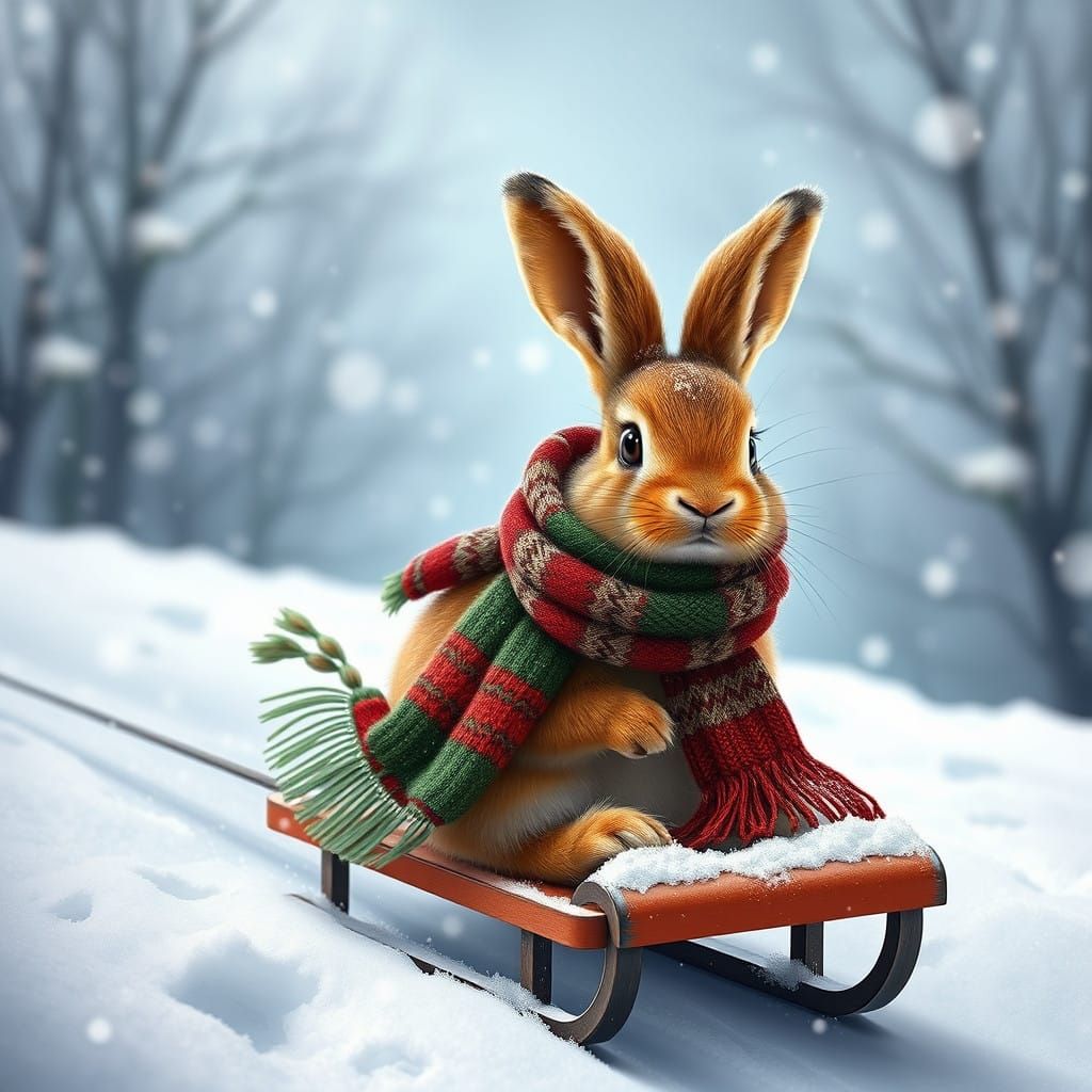 Cute Brown Bunny in Festive Sled Scene