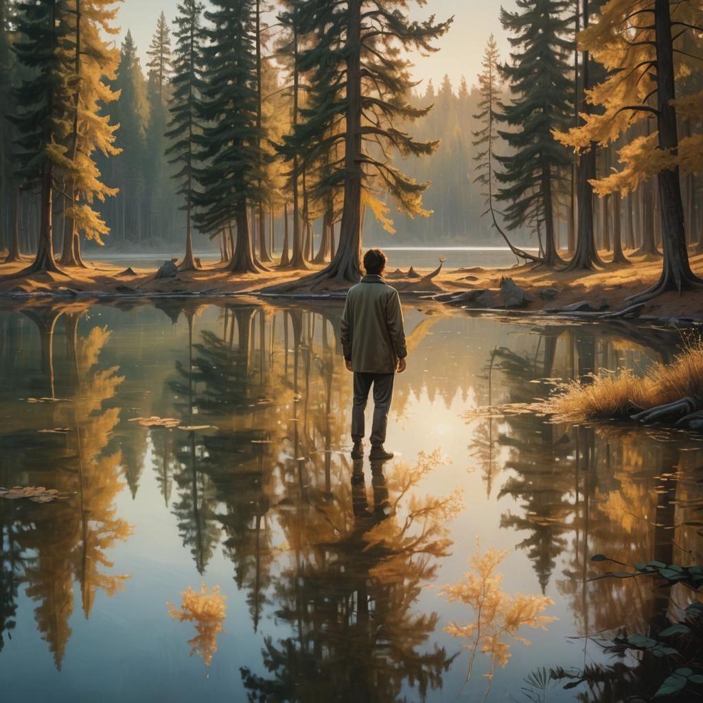 Surreal Utopia: Peaceful Figure in Dreamlike Landscape